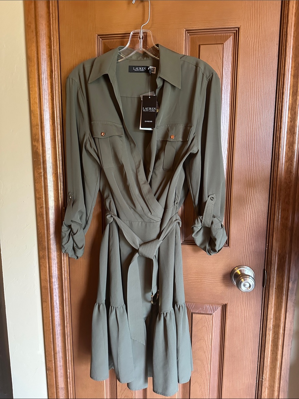 NWT Lauren Ralph Lauren Olive Green Georgette Utility Faux Wrap Dress, size 14
